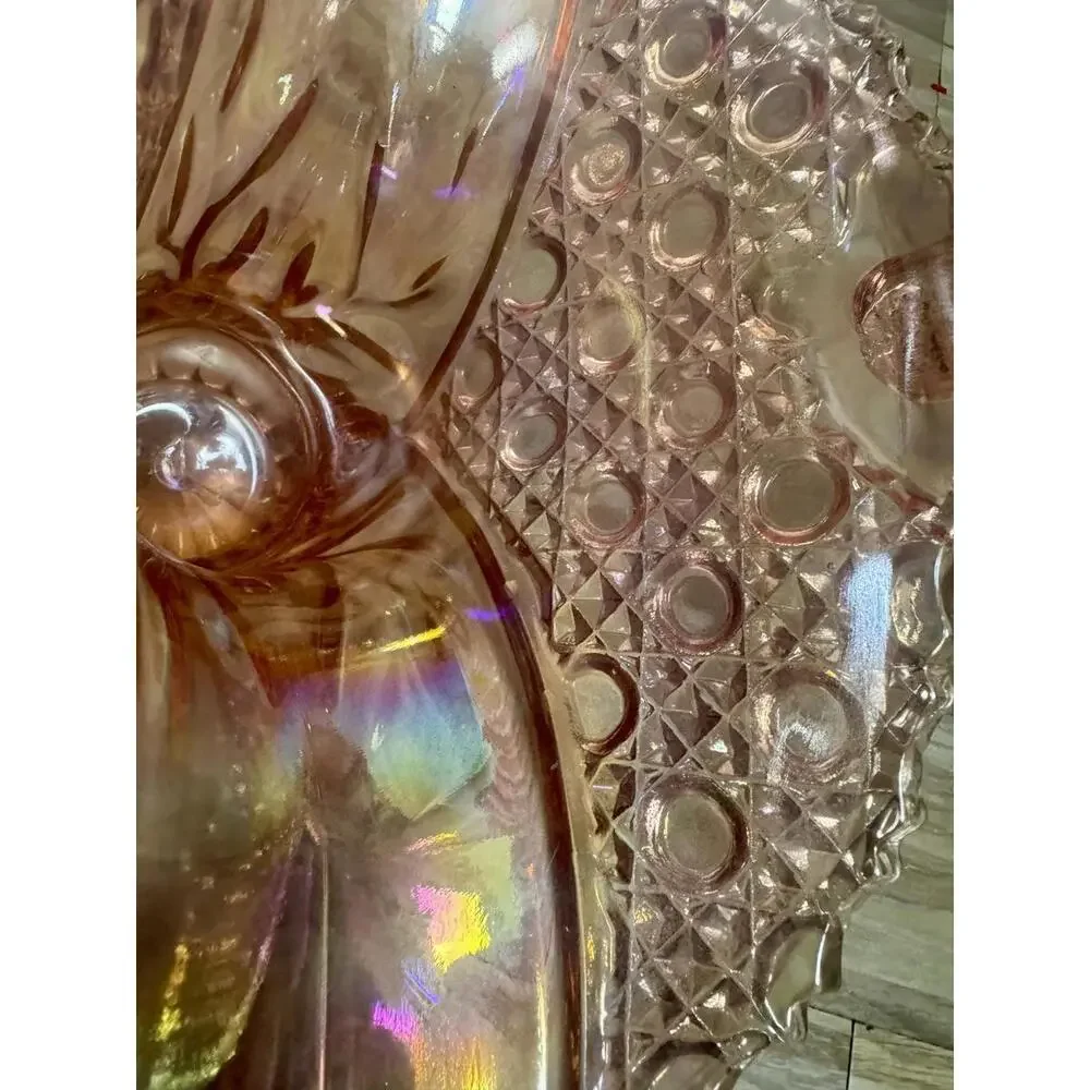Vintage Pink Carnival Glass Basket Iridescent Hobnail Art Mid Century Decorative